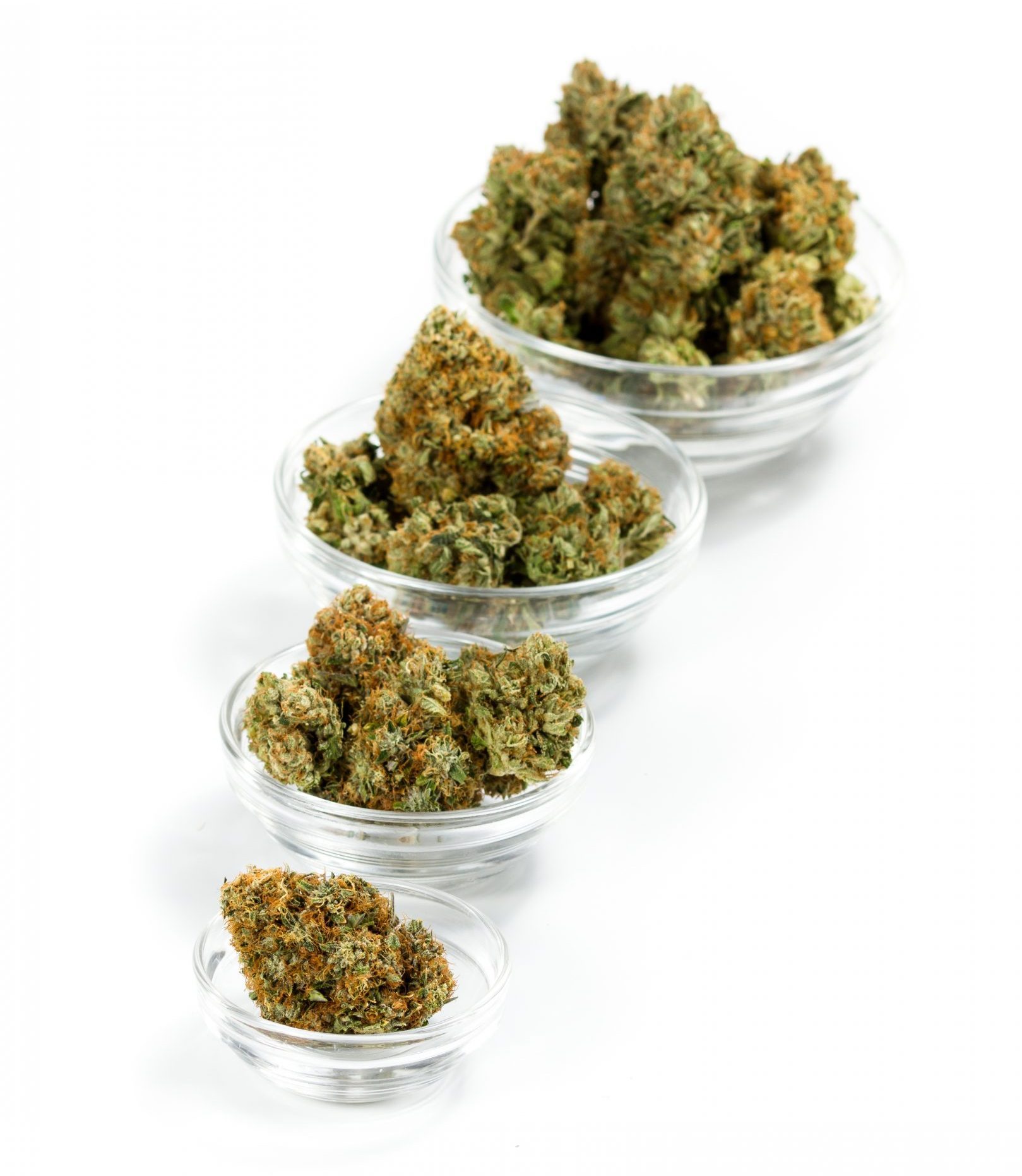 stackable glass containers filled with cannabis buds isolated on a white background